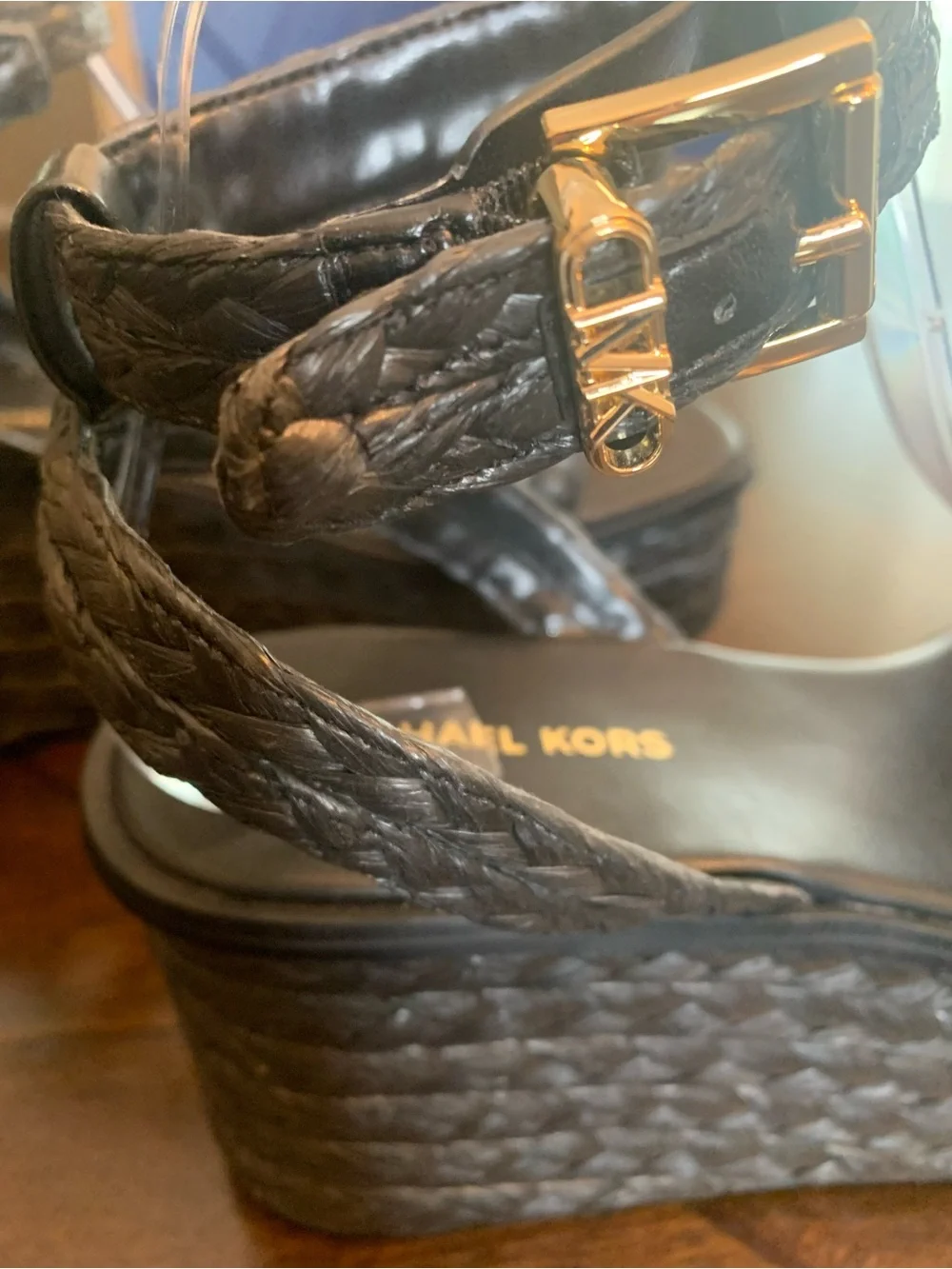 NIB MICHAEL KORS Sandra Wicker Platform Sandal in Black, Size 9.5M